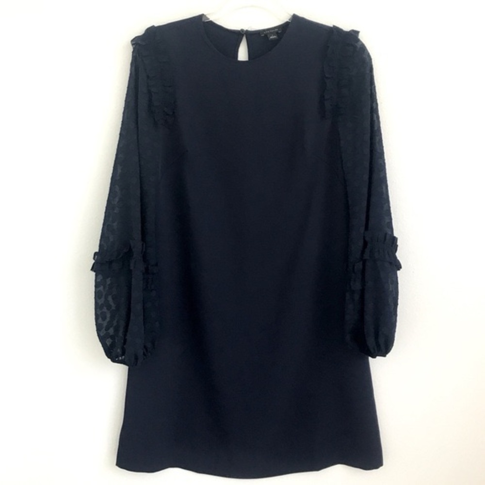 Size 4 Ann Taylor Knee Length Shift Dress - Sheer Polka Dot Sleeves Navy Blue